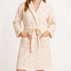 TJ Lawford Pink Yellow Rose Floral Terrycloth Robe M Belted Pockets Cozy Loungew